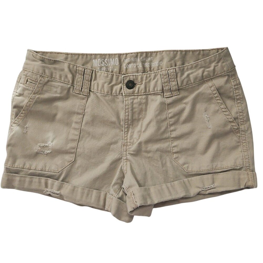 Mossimo Mid Rise Chino Shorts Size 2 Khaki Distressed Rolled Cuff Hem Neutral
